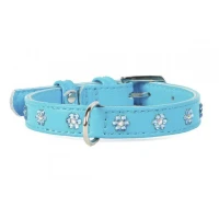 CoLLaR WAUDOG Glamour нашийник шкіряний з QR-паспортом і стразами «Квіти» блакитний 20 мм 30–39 см 32022