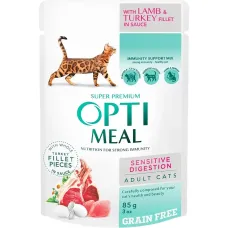 OPTI MEAL 85 г беззерновий вологий корм для котів з ягням та курячим філе у гарбузовому желе